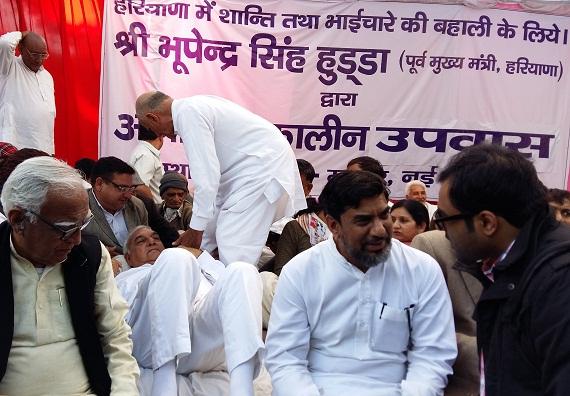 Political leaders from Haryana on a hunger strike in New Delhi demanding restoration of peace and no