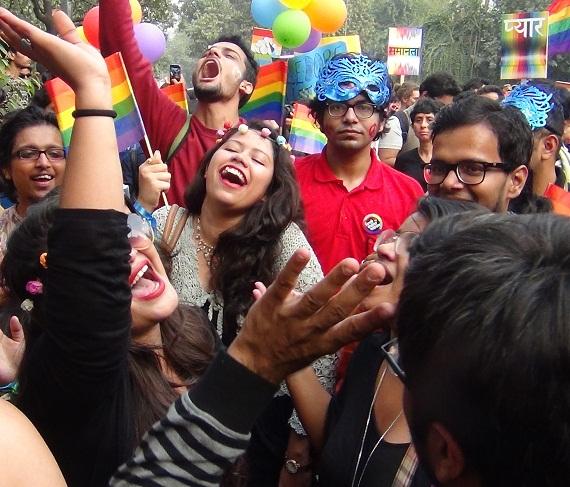 Members of the LGBT community celebrate their sexuality at the Delhi Queer Pride Parade. (Photo: Bis