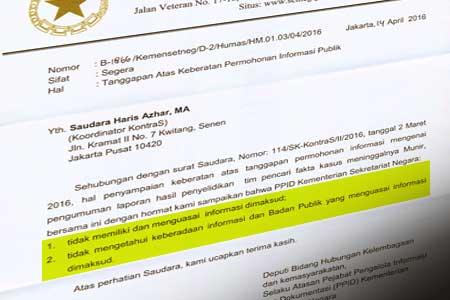 Surat keterangan bahwa Sekretariat Negara tidak memiliki dokumen TPF Munir. (Foto: Kontras)