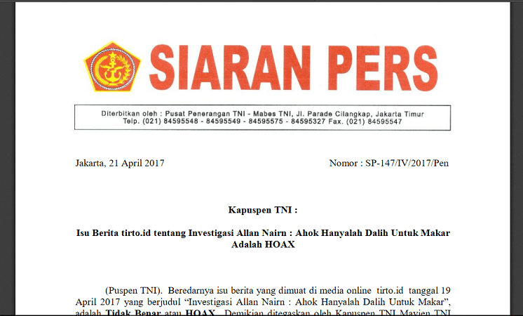 Dewan Pers: TNI Jangan Tergesa Labeli Berita Tirto.id sebagai Hoax