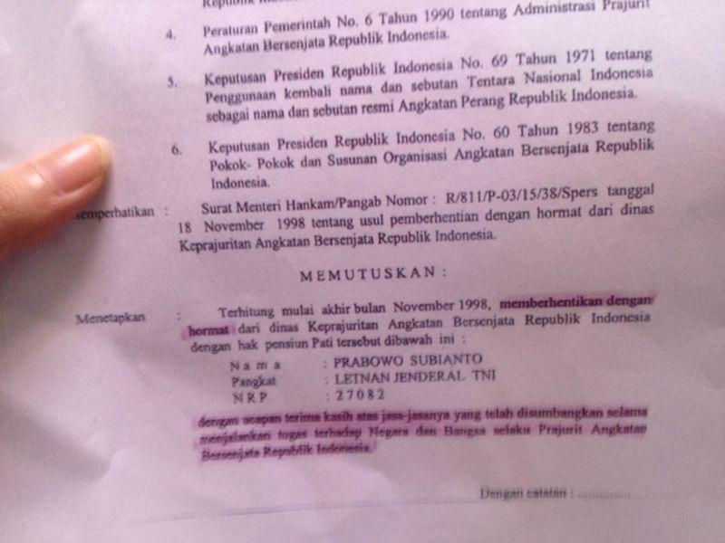 Ini Dia Isi Lengkap Surat Pemberhentian Prabowo Subianto