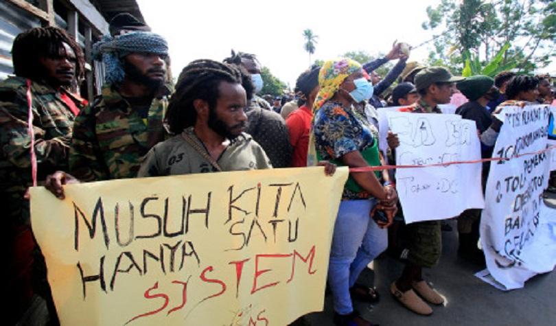 Aksi tolak pemekaran Daerah Otonomi Baru (DOB) Papua di  Kota Jayapura, Papua, Selasa (10/5/22). (An