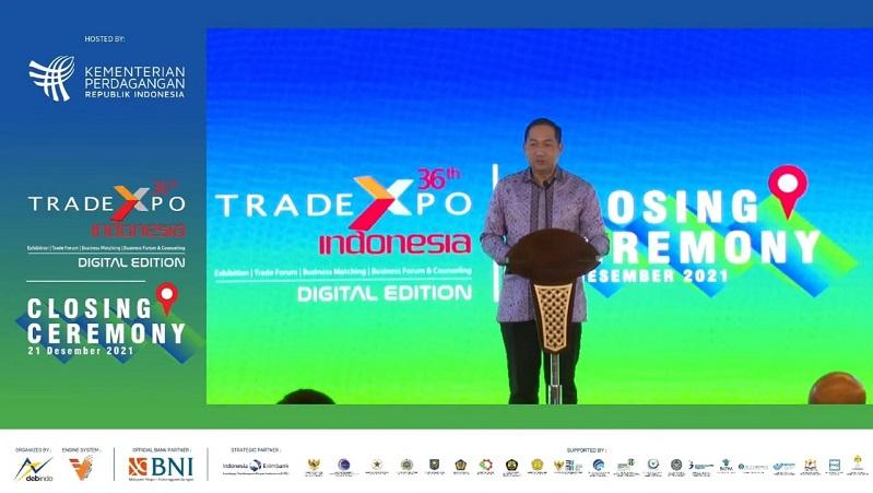 Menteri Perdagangan Muhammad Lutfi menyampaikan laporan transaksi perdagangan di Trade Expo Indonesi
