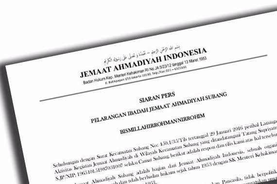 Surat larangan Ahmadiyah untuk beribadah, dikeluarkan Camat Subang (Foto: Ahmadiyah)