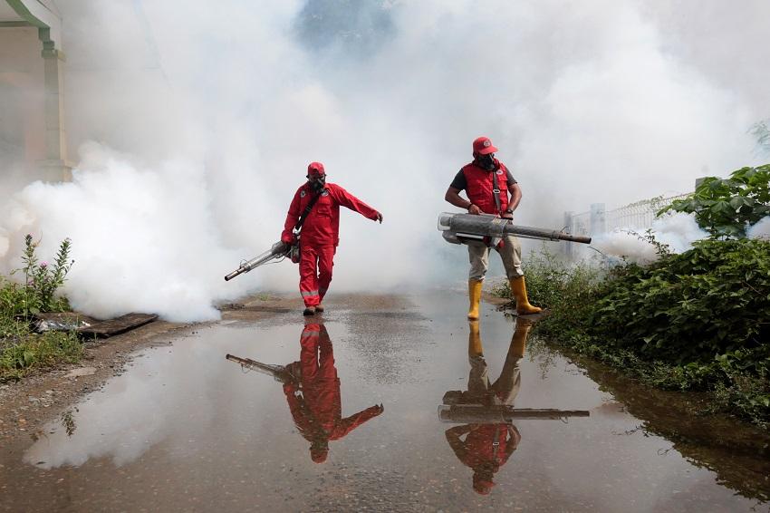 Petugas Dinkes Aceh melakukan pengasapan (fogging) membasmi nyamuk Aedes aegypti penyebab DBD di Ban