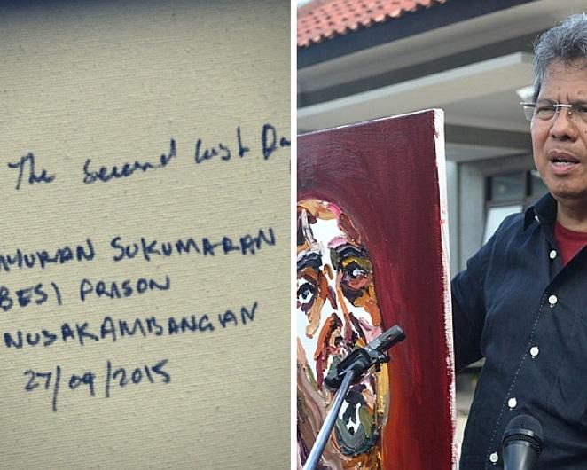 Kuasa Hukum Duo Bali Nine memperlihatkan lukisan diri karya Myuran Sukumaran. Di balik lukisan tertu