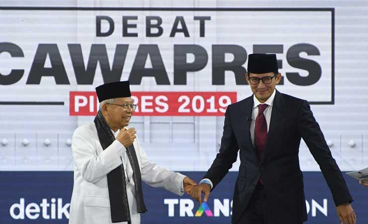Maruf Amin dan Sandiaga Uno usai debat cawapres
