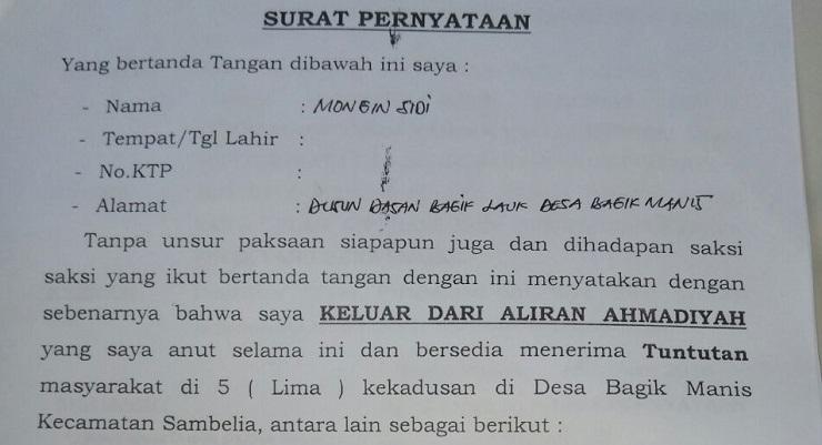 Surat pernyataan Ahmadiyah Lombok. (JAI)